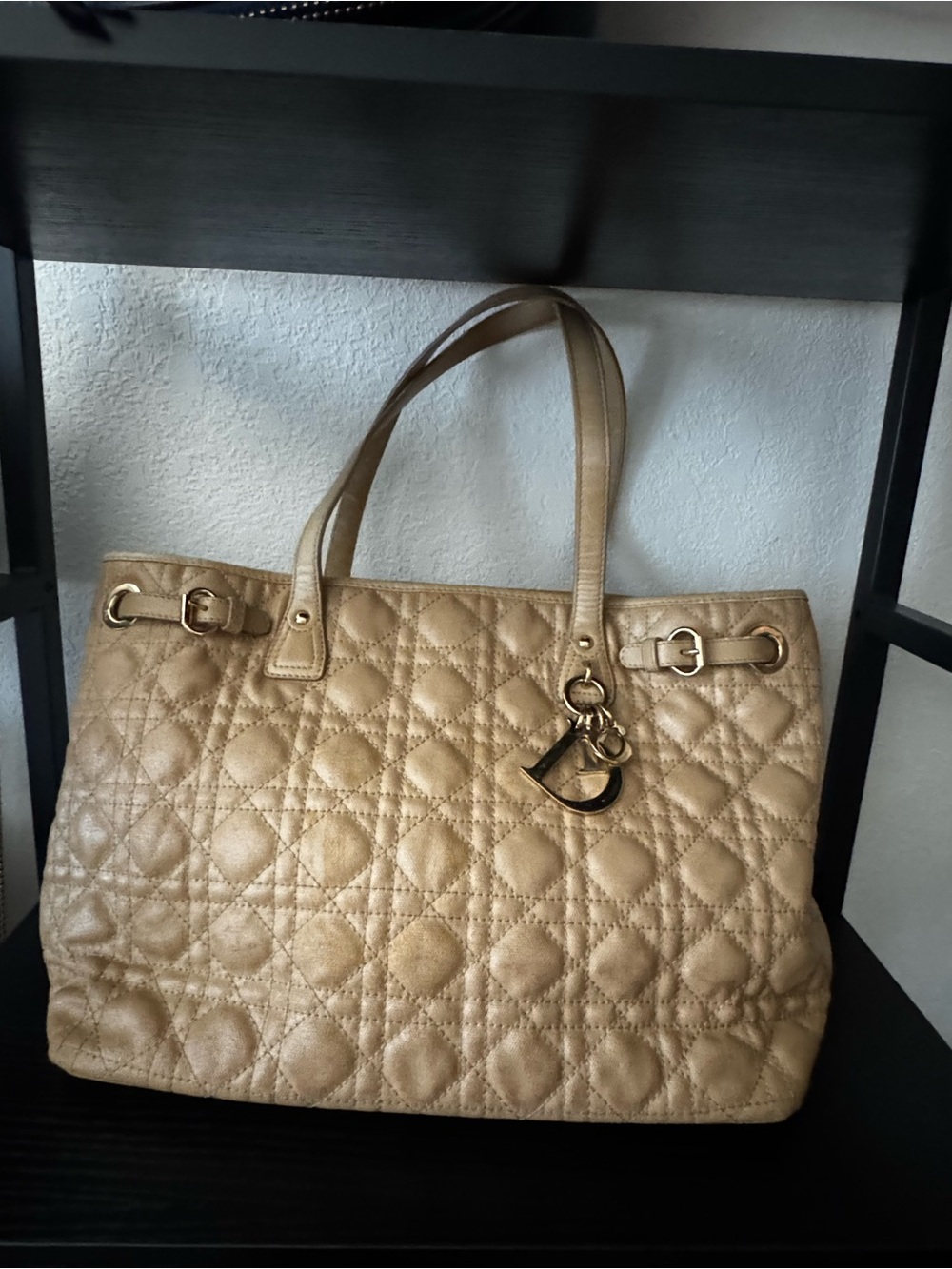 Dior Gold Quilted Tote Bag with Charm Accent